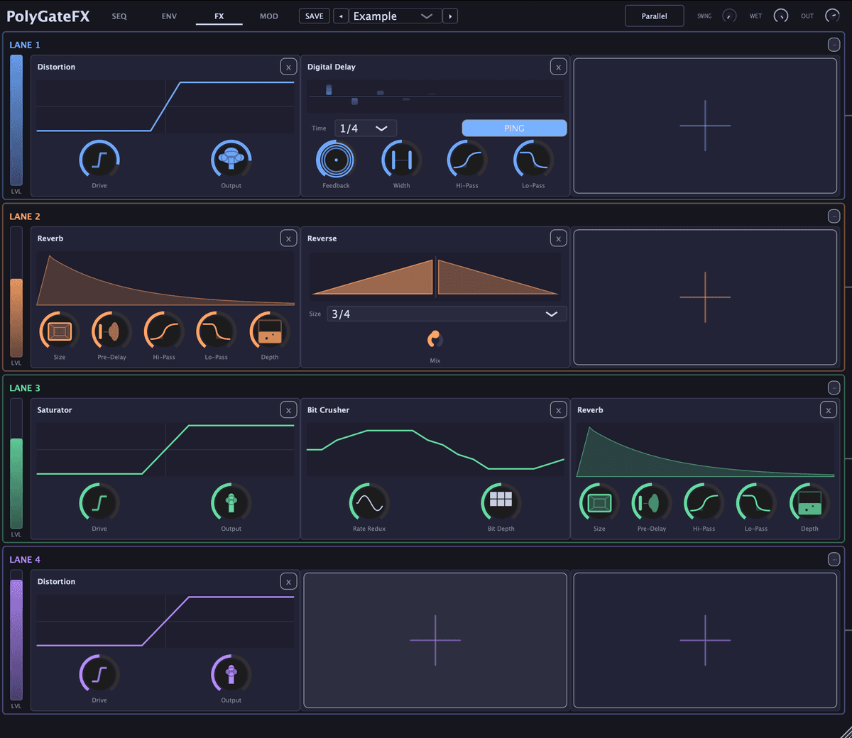 PolyGateFX effects rack — distortion, delay, reverb, bit crusher, and more