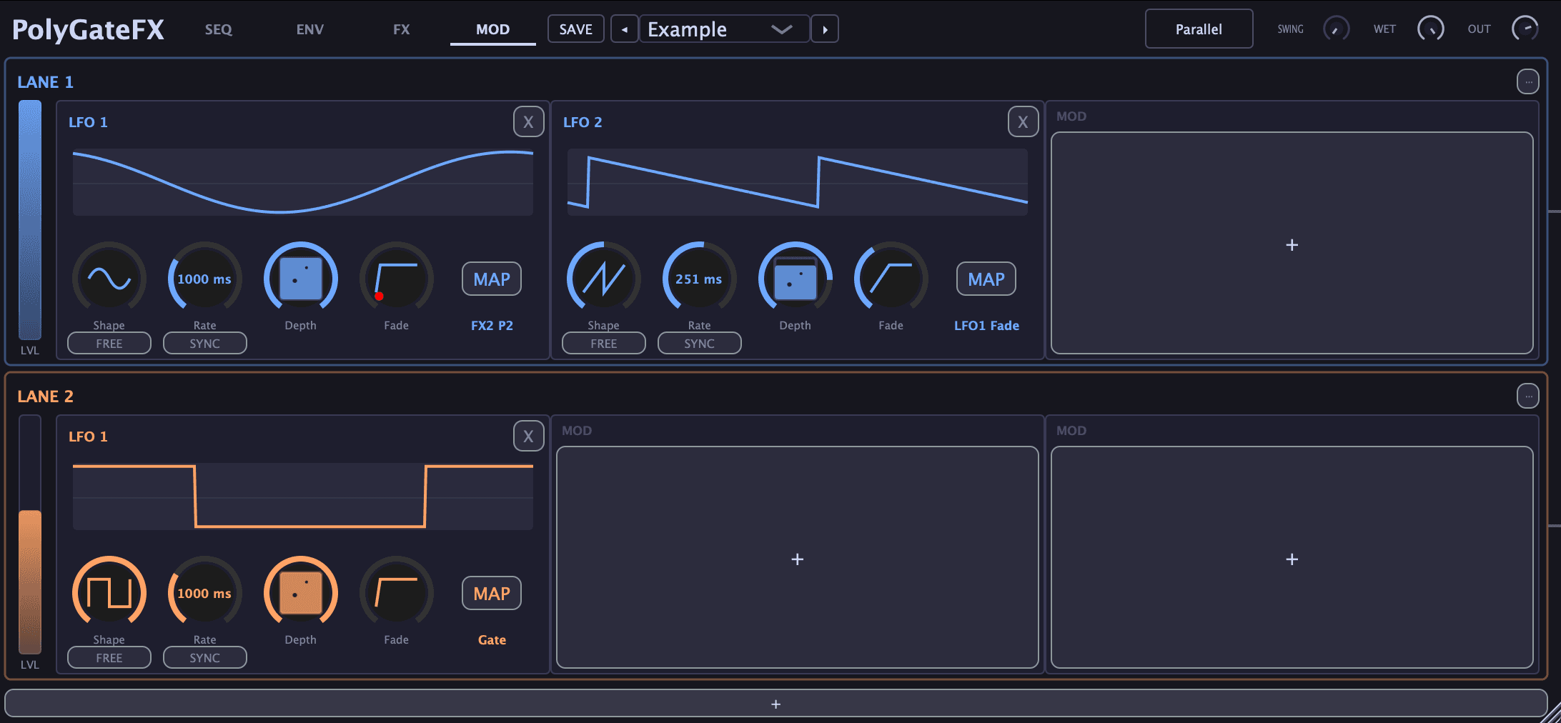 PolyGateFX LFO modulation — synced and free-running LFOs with parameter mapping