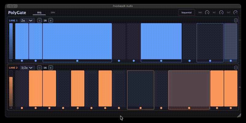 PolyGate in action — two lanes running at different speeds, playhead stepping through